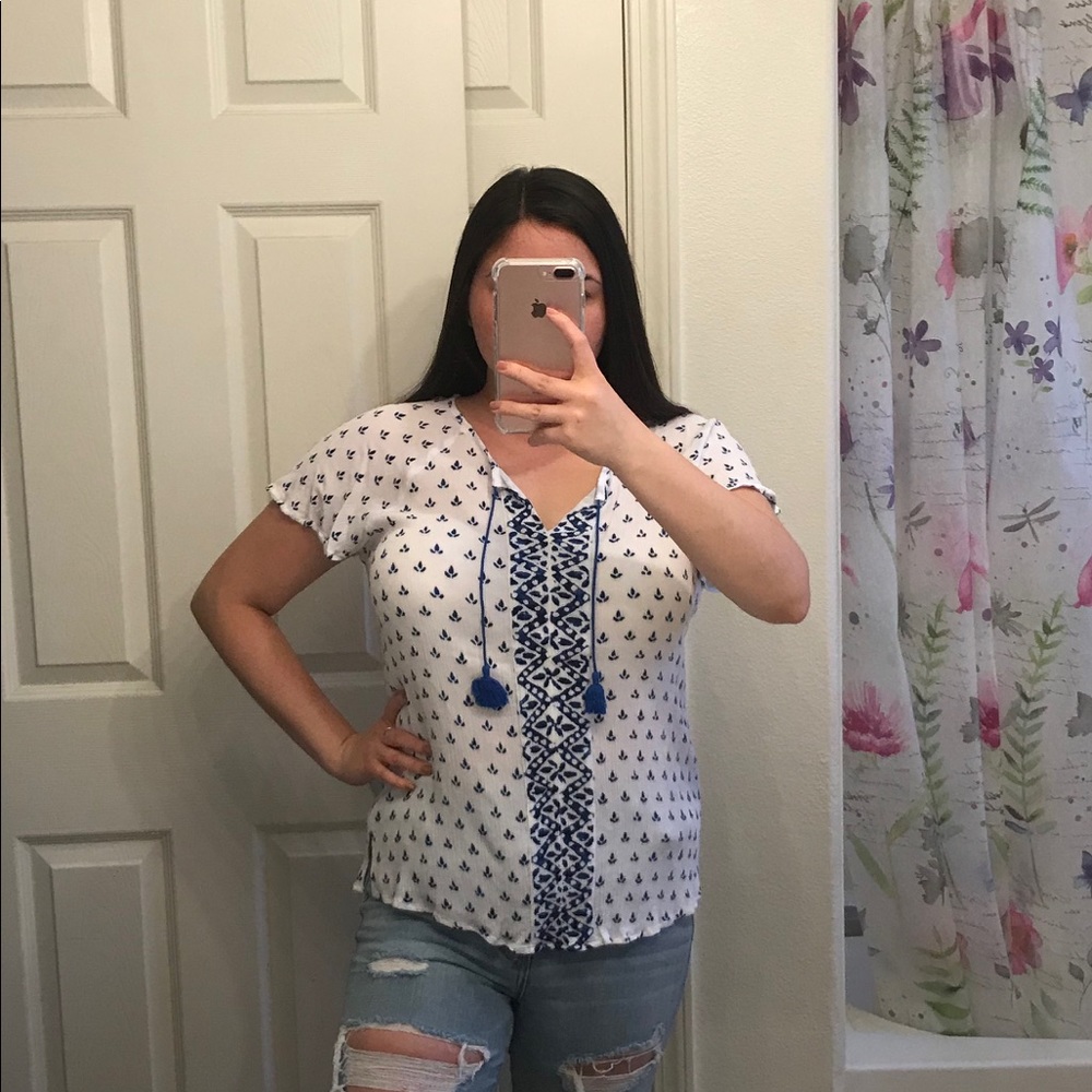 Liz Claiborne White Patterned V-neck Blouse Sz XL